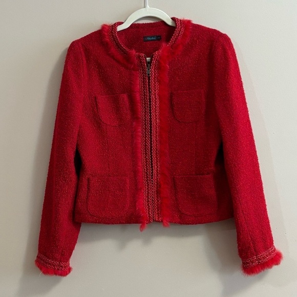 DStudio Canada Tweed Bomber Jacket Fur Fringe Lace Circle Neck Sz 10 In Red - Picture 1 of 16